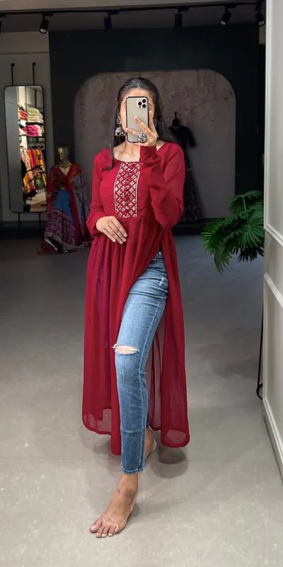 YNF 3501 Red Color Georgette Sequins Embroidery work Kurti Casual, Wedding, Party, Festive, Events Etc. Expected Delivery 4-6 Working Days @1399/- | Kurti, Bollywood Kurti, Creative Kurtis, Designer Kurti, Party Wear Kurti, Selfie Kurti