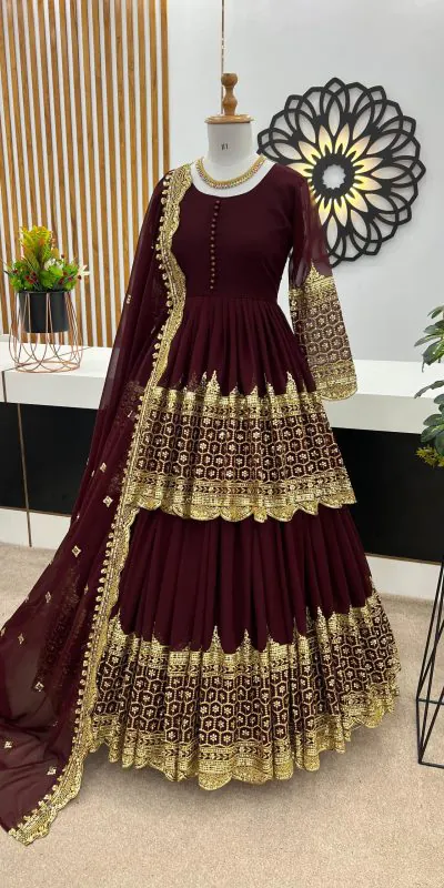 ZF 362 Dark Maroon Faux Georgette With Heavy Embroidery Sequence Work Lehenga Choli Wedding, Party, Events Etc. Expected Delivery 4-6 Working Days 2099/- | Lehenga, Bollywood Lehenga, Creative Lehenga, Designer Lehenga, Embroidered Lehenga, Party Wear Lehenga