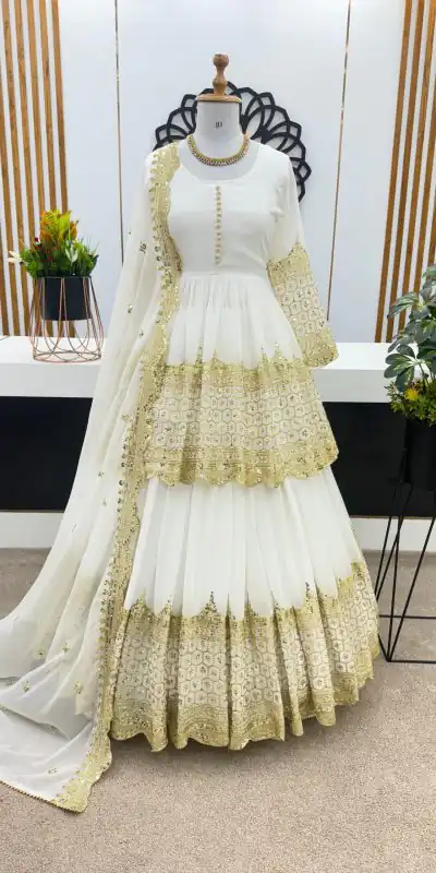 ZF 362 White Color Faux Georgette With Heavy Embroidery Sequence Work Lehenga Choli Wedding, Party, Events Etc. Expected Delivery 4-6 Working Days 2099/- | Lehenga, Bollywood Lehenga, Creative Lehenga, Designer Lehenga, Embroidered Lehenga, Party Wear Lehenga