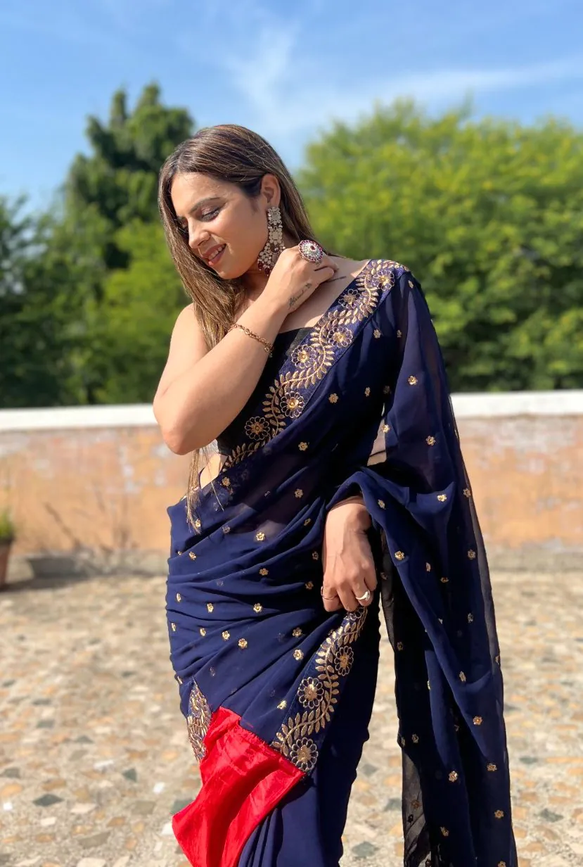 JR 612 Navy Blue Color Georgette With Embroidery Work Saree Casual, Party Wear, Wedding, Events Etc. Expected Delivery 4-6 Working Days 1649/- | Sarees, Bollywood Sarees, Creative Sarees, Designer Sarees, Embroidered Sarees, Ethnic Saree, Modern Digital sarees, Party Wear Sarees