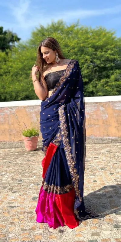 JR 612 Navy Blue Color Georgette With Embroidery Work Saree Casual, Party Wear, Wedding, Events Etc. Expected Delivery 4-6 Working Days 1649/- | Sarees, Bollywood Sarees, Creative Sarees, Designer Sarees, Embroidered Sarees, Ethnic Saree, Modern Digital sarees, Party Wear Sarees