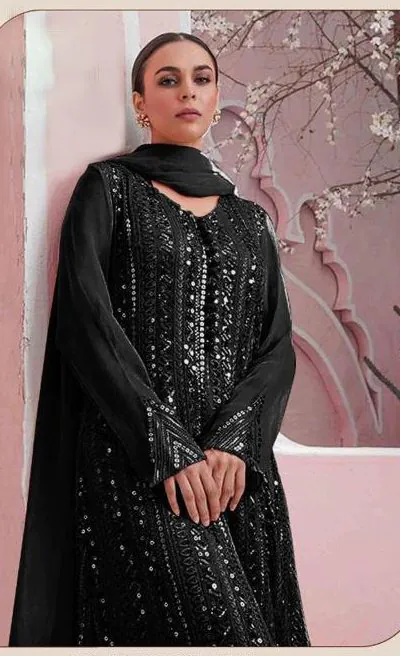 DS 001255 Black Color Georgette Embroidered Straight Pakistani Salwar Suit Casual, Wedding, Festive, Events Etc. Expected Delivery 4-6 Working Days @1949/- | Jump Suits, Salwar suit, Casual Suits, Creative suits, Designer Suits, Palazzo Suits, Party Wear Suits, Patiala Suits, Straight Suits