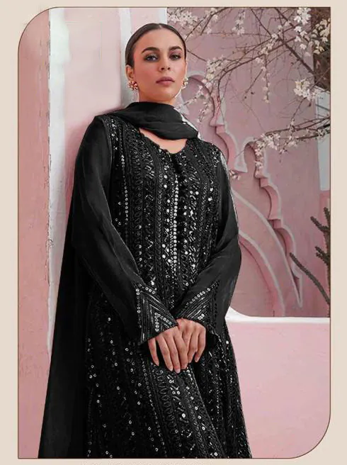 DS 001255 Black Color Georgette Embroidered Straight Pakistani Salwar Suit Casual, Wedding, Festive, Events Etc. Expected Delivery 4-6 Working Days @1949/- | Jump Suits, Salwar suit, Casual Suits, Creative suits, Designer Suits, Palazzo Suits, Party Wear Suits, Patiala Suits, Straight Suits