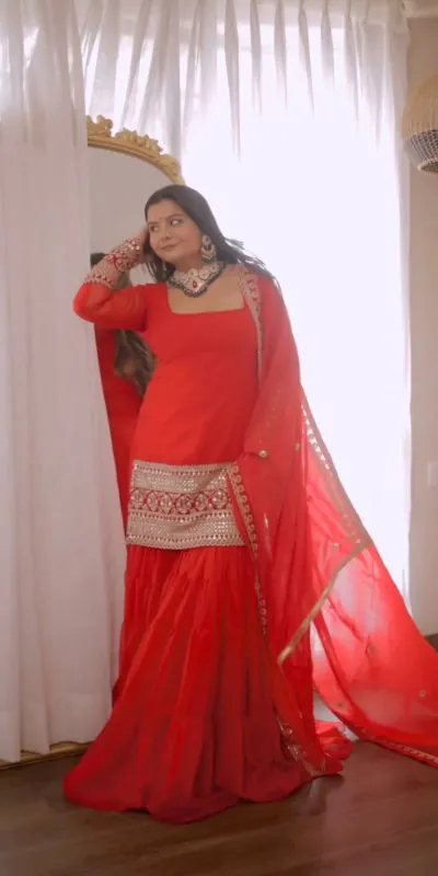 RTC 5662 Red Color Faux Georgette thread Sequence Work Sharara Suit Casual, Wedding, Party, Festive, Events Etc. Expected Delivery 4-6 Working Days @1949/- | Casual Suits, Jump Suits, Salwar suit, Creative suits, Designer Suits, Palazzo Suits, Party Wear Suits, Patiala Suits, Straight Suits