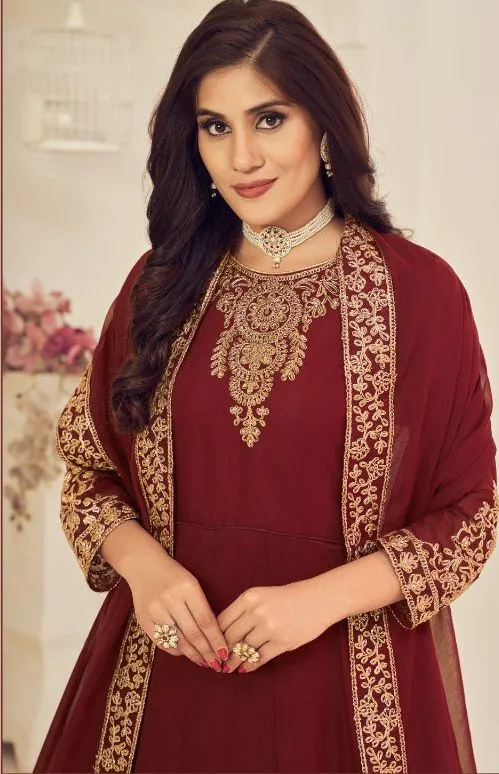 DS 1123 Maroon color Georgette Cording Stone Work Anarkali Suit Wedding, Party, Festive, Events Etc. Expected Delivery 4-6 Working Days @2199/- | Anarkali Suits, Bollywood Anarkali, Creative-Anarkali, Designer Anarkali, Embroidered Anarkali, Party Wear Anarkali