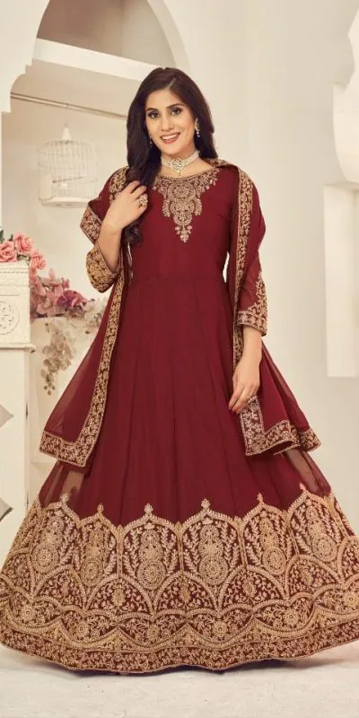DS 1123 Maroon color Georgette Cording Stone Work Anarkali Suit Wedding, Party, Festive, Events Etc. Expected Delivery 4-6 Working Days @2199/- | Anarkali Suits, Bollywood Anarkali, Creative-Anarkali, Designer Anarkali, Embroidered Anarkali, Party Wear Anarkali