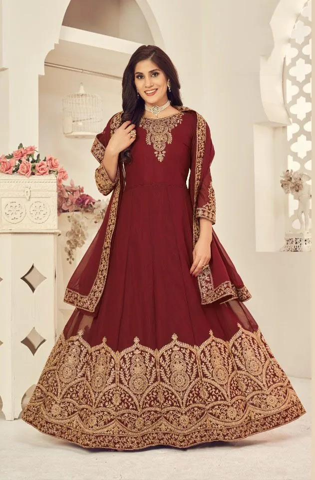DS 1123 Maroon color Georgette Cording Stone Work Anarkali Suit Wedding, Party, Festive, Events Etc. Expected Delivery 4-6 Working Days @2199/- | Anarkali Suits, Bollywood Anarkali, Creative-Anarkali, Designer Anarkali, Embroidered Anarkali, Party Wear Anarkali