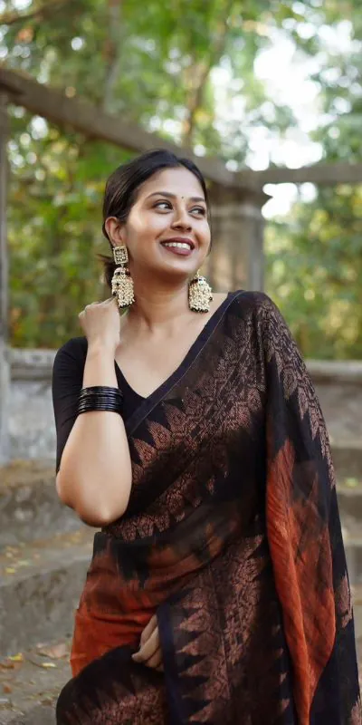 KP 5053 Black & Orange Color Soft Lilan Slab Weaving Work Saree Casual, Party Wear, Wedding, Events Etc. Expected Delivery 4-6 Working Days @1499/- | Designer Sarees, Sarees, Bollywood Sarees, Creative Sarees, Embroidered Sarees, Ethnic Saree, Modern Digital sarees, Party Wear Sarees