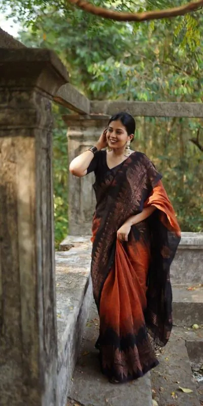 KP 5053 Black & Orange Color Soft Lilan Slab Weaving Work Saree Casual, Party Wear, Wedding, Events Etc. Expected Delivery 4-6 Working Days @1499/- | Designer Sarees, Sarees, Bollywood Sarees, Creative Sarees, Embroidered Sarees, Ethnic Saree, Modern Digital sarees, Party Wear Sarees