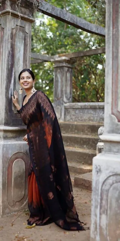 KP 5053 Black & Orange Color Soft Lilan Slab Weaving Work Saree Casual, Party Wear, Wedding, Events Etc. Expected Delivery 4-6 Working Days @1499/- | Designer Sarees, Sarees, Bollywood Sarees, Creative Sarees, Embroidered Sarees, Ethnic Saree, Modern Digital sarees, Party Wear Sarees