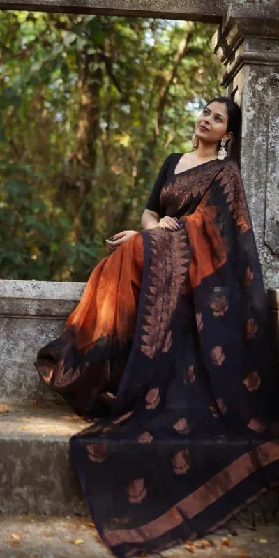 KP 5053 Black & Orange Color Soft Lilan Slab Weaving Work Saree Casual, Party Wear, Wedding, Events Etc. Expected Delivery 4-6 Working Days @1499/- | Designer Sarees, Sarees, Bollywood Sarees, Creative Sarees, Embroidered Sarees, Ethnic Saree, Modern Digital sarees, Party Wear Sarees