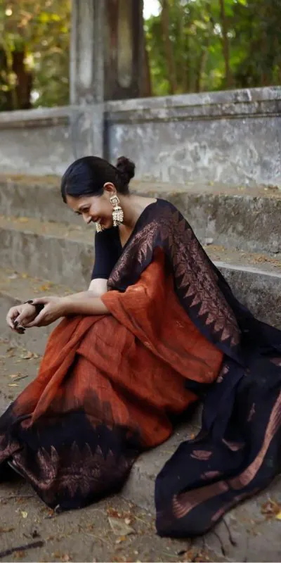 KP 5053 Black & Orange Color Soft Lilan Slab Weaving Work Saree Casual, Party Wear, Wedding, Events Etc. Expected Delivery 4-6 Working Days @1499/- | Designer Sarees, Sarees, Bollywood Sarees, Creative Sarees, Embroidered Sarees, Ethnic Saree, Modern Digital sarees, Party Wear Sarees