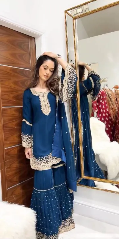 NSR 797 Royal Blue Color Faux Georgette Embroidery Work Sharara Suit Casual, Wedding, Party, Festive, Events Etc. Expected Delivery 4-6 Working Days 2099/- | Jump Suits, Salwar suit, Casual Suits, Creative suits, Designer Suits, Palazzo Suits, Party Wear Suits, Patiala Suits, Straight Suits