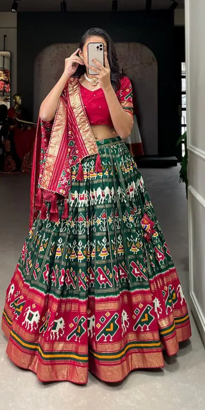 LNB1685 Green Color Tussar Silk Patola Foil Printed Lehenga Choli Festive, Wedding, Party, Events Expected Etc. Delivery 4-6 Working Days @2199/- | Lehenga, Bollywood Lehenga, Creative Lehenga, Designer Lehenga, Embroidered Lehenga, Party Wear Lehenga
