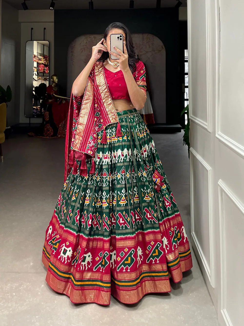 LNB1685 Green Color Tussar Silk Patola Foil Printed Lehenga Choli Festive, Wedding, Party, Events Expected Etc. Delivery 4-6 Working Days @2199/- | Lehenga, Bollywood Lehenga, Creative Lehenga, Designer Lehenga, Embroidered Lehenga, Party Wear Lehenga