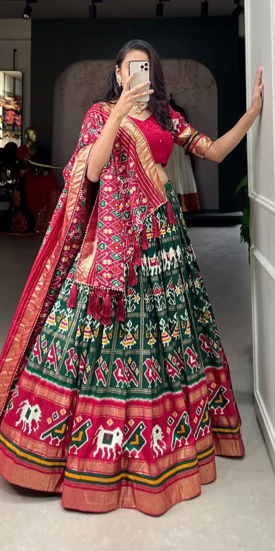 LNB1685 Green Color Tussar Silk Patola Foil Printed Lehenga Choli Festive, Wedding, Party, Events Expected Etc. Delivery 4-6 Working Days @2199/- | Lehenga, Bollywood Lehenga, Creative Lehenga, Designer Lehenga, Embroidered Lehenga, Party Wear Lehenga
