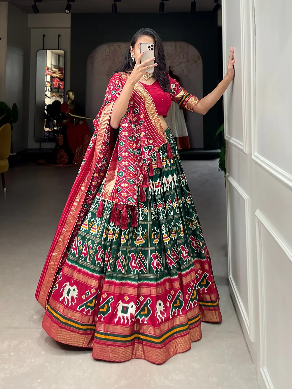 LNB1685 Green Color Tussar Silk Patola Foil Printed Lehenga Choli Festive, Wedding, Party, Events Expected Etc. Delivery 4-6 Working Days @2199/- | Lehenga, Bollywood Lehenga, Creative Lehenga, Designer Lehenga, Embroidered Lehenga, Party Wear Lehenga