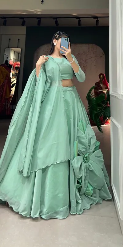 LNB1650 Parrot Green Color Rajwadi Chanderi Silk Lehenga Choli Hand Made Flowers Traditional, Festive, Party, Wedding, Events Wear 4-6 Working Days @1999/- | Lehenga, Bollywood Lehenga, Creative Lehenga, Designer Lehenga, Embroidered Lehenga, Party Wear Lehenga