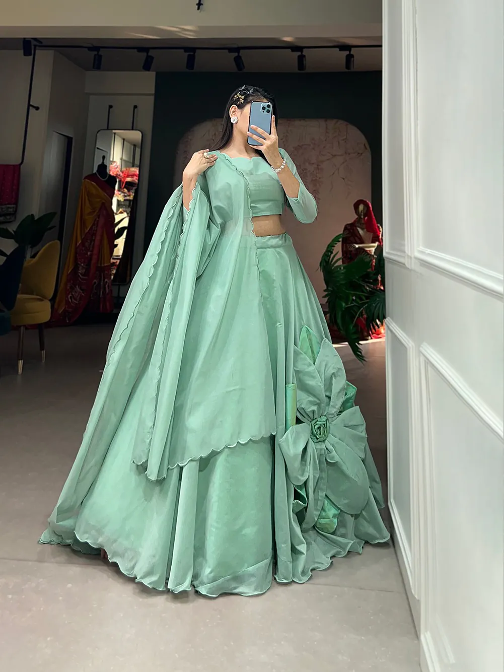 LNB1650 Parrot Green Color Rajwadi Chanderi Silk Lehenga Choli Hand Made Flowers Traditional, Festive, Party, Wedding, Events Wear 4-6 Working Days @1999/- | Lehenga, Bollywood Lehenga, Creative Lehenga, Designer Lehenga, Embroidered Lehenga, Party Wear Lehenga