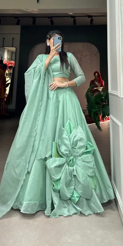 LNB1650 Parrot Green Color Rajwadi Chanderi Silk Lehenga Choli Hand Made Flowers Traditional, Festive, Party, Wedding, Events Wear 4-6 Working Days @1999/- | Lehenga, Bollywood Lehenga, Creative Lehenga, Designer Lehenga, Embroidered Lehenga, Party Wear Lehenga