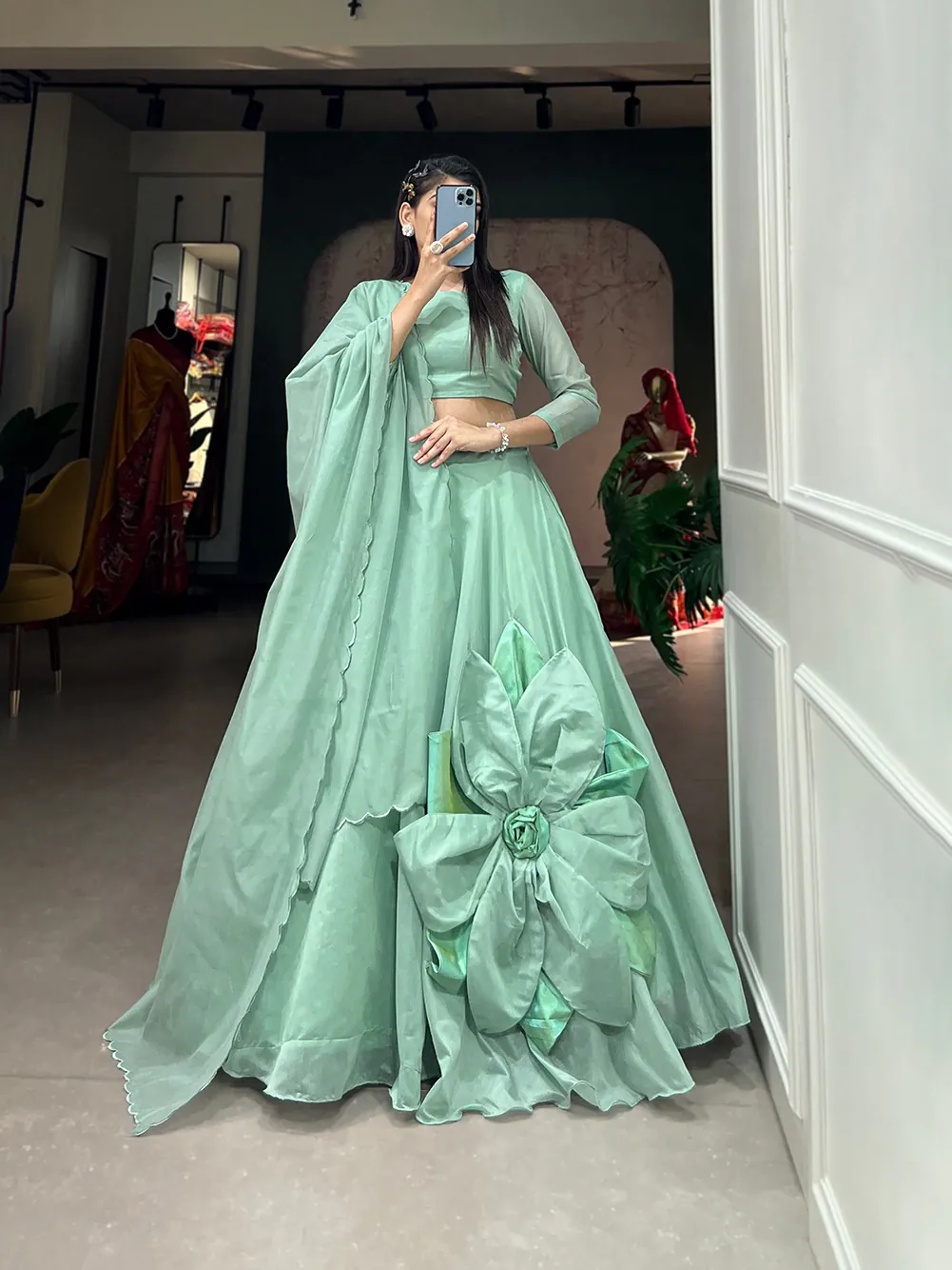 LNB1650 Parrot Green Color Rajwadi Chanderi Silk Lehenga Choli Hand Made Flowers Traditional, Festive, Party, Wedding, Events Wear 4-6 Working Days @1999/- | Lehenga, Bollywood Lehenga, Creative Lehenga, Designer Lehenga, Embroidered Lehenga, Party Wear Lehenga