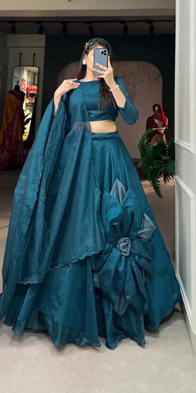 LNB1650 Rama Blue Color Rajwadi Chanderi Silk Lehenga Choli Hand Made Flowers Traditional, Party, Festive, Wedding, Events Wear 4-6 Working Days @1999/- | Lehenga, Bollywood Lehenga, Creative Lehenga, Designer Lehenga, Embroidered Lehenga, Party Wear Lehenga