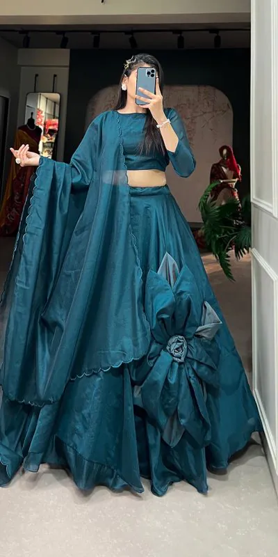 LNB1650 Rama Blue Color Rajwadi Chanderi Silk Lehenga Choli Hand Made Flowers Traditional, Party, Festive, Wedding, Events Wear 4-6 Working Days @1999/- | Lehenga, Bollywood Lehenga, Creative Lehenga, Designer Lehenga, Embroidered Lehenga, Party Wear Lehenga