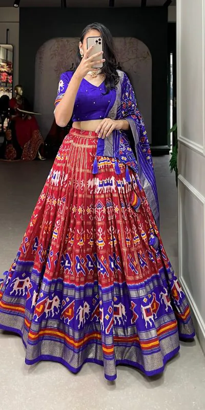 LNB1685 Red Color Tussar Silk Patola Foil Printed Lehenga Choli Festive, Wedding, Party, Events etc. Expected Delivery 4-6 Working Days @2199/- | Lehenga, Bollywood Lehenga, Creative Lehenga, Designer Lehenga, Embroidered Lehenga, Party Wear Lehenga