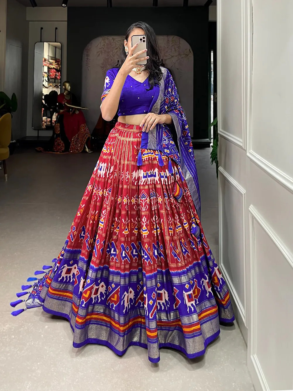 LNB1685 Red Color Tussar Silk Patola Foil Printed Lehenga Choli Festive, Wedding, Party, Events etc. Expected Delivery 4-6 Working Days @2199/- | Lehenga, Bollywood Lehenga, Creative Lehenga, Designer Lehenga, Embroidered Lehenga, Party Wear Lehenga