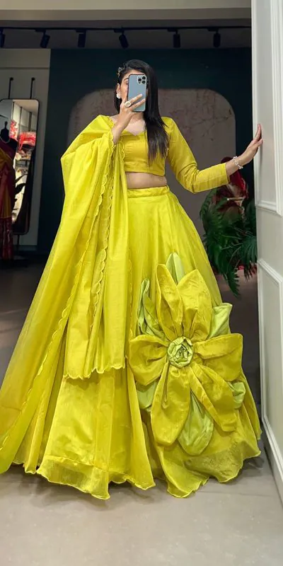 LNB1650 Yellow Color Rajwadi Chanderi Silk Lehenga Choli Hand Made Flowers Festive Traditional Festive, Party, Wedding, Events Wear 4-6 Working Days @1999/- | Lehenga, Bollywood Lehenga, Creative Lehenga, Designer Lehenga, Embroidered Lehenga, Party Wear Lehenga