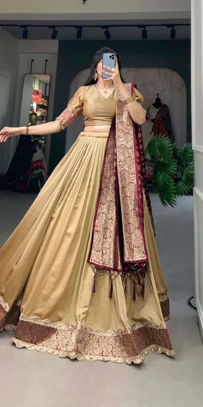 LNB2014 Chickoo Color Vichitra Silk Jacquard Lace Lehenga Choli Traditional, Festive, Party, Wedding, Events,etc. Expected Delivery 4-6 Working Days @1999/- | Lehenga, Bollywood Lehenga, Creative Lehenga, Designer Lehenga, Embroidered Lehenga, Party Wear Lehenga