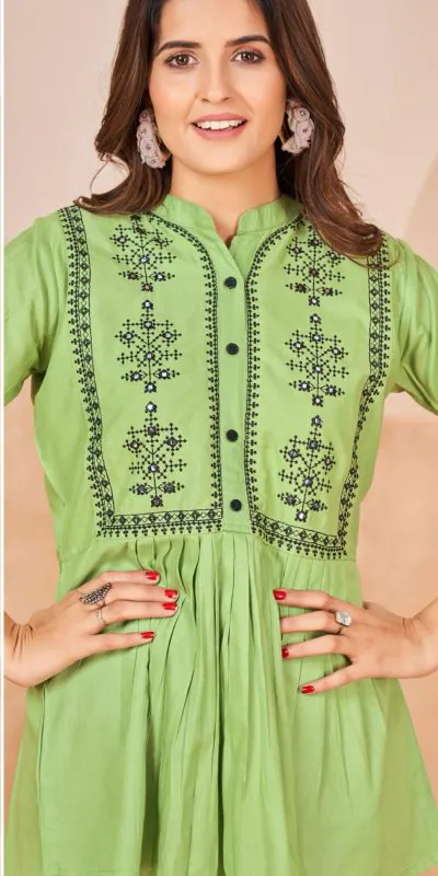 INLI  Bubbly Green Color Heavy Rayon Embroidery work Kurti Casual, Wedding, Party, Festive, Events Etc. Expected Delivery 4-6 Working Days @999/- | Kurti, Bollywood Kurti, Creative Kurtis, Designer Kurti, Party Wear Kurti, Selfie Kurti