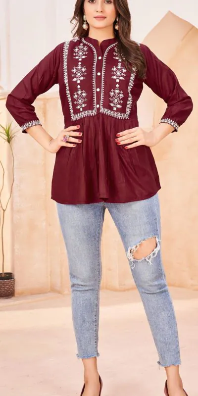INLI Bubbly Maroon Color Heavy Rayon Embroidery work Kurti Casual, Wedding, Party, Festive, Events Etc. Expected Delivery 4-6 Working Days @999/- | Kurti, Bollywood Kurti, Creative Kurtis, Designer Kurti, Party Wear Kurti, Selfie Kurti