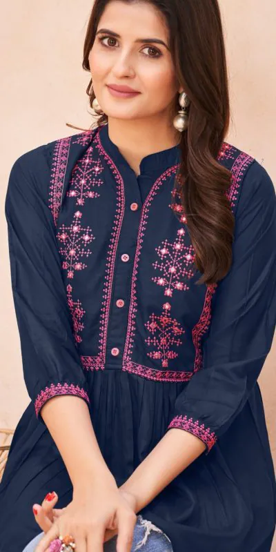 INLI Bubbly Navy Blue Color Heavy Rayon Embroidery work Kurti Casual, Wedding, Party, Festive, Events Etc. Expected Delivery 4-6 Working Days @999/- | Kurti, Bollywood Kurti, Creative Kurtis, Designer Kurti, Party Wear Kurti, Selfie Kurti