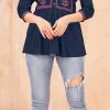 Perfect Navy Blue Color Heavy Rayon Embroidery Work Kurti