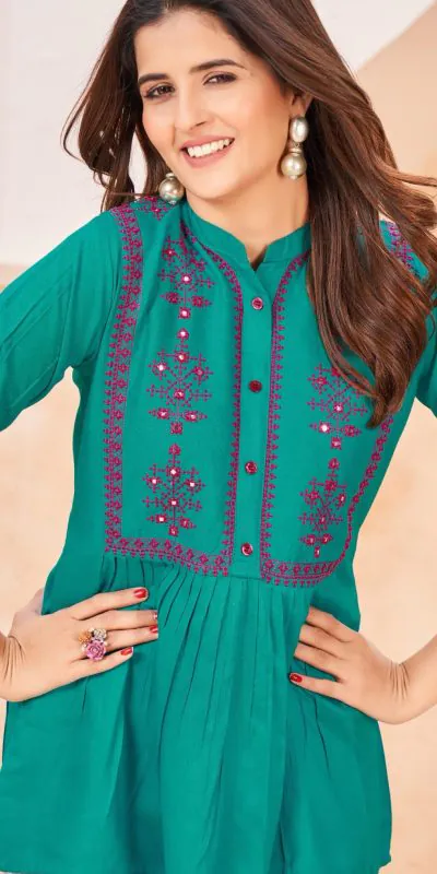 INLI Bubbly Peacock Green Color Heavy Rayon With Embroidery work Kurti Casual, Wedding, Party, Festive, Events Etc. Expected Delivery 4-6 Days @999/- | Kurti, Bollywood Kurti, Creative Kurtis, Designer Kurti, Party Wear Kurti, Selfie Kurti
