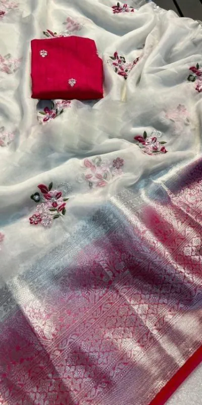 MS - 431 White Color Nylon Organza Jacquard Embroidered Saree Casual, Party Wear, Wedding, Events, Etc. Expected Delivery 4-6 Working Days 1599/- | Designer Sarees, Sarees, Bollywood Sarees, Creative Sarees, Embroidered Sarees, Ethnic Saree, Modern Digital sarees, Party Wear Sarees