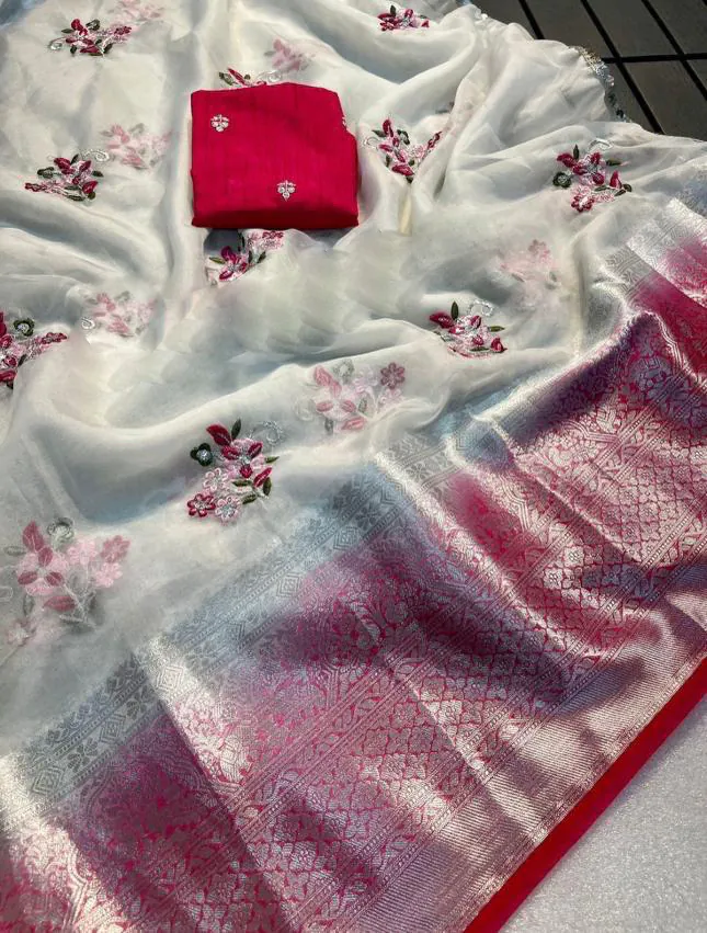 MS - 431 White Color Nylon Organza Jacquard Embroidered Saree Casual, Party Wear, Wedding, Events, Etc. Expected Delivery 4-6 Working Days 1599/- | Designer Sarees, Sarees, Bollywood Sarees, Creative Sarees, Embroidered Sarees, Ethnic Saree, Modern Digital sarees, Party Wear Sarees