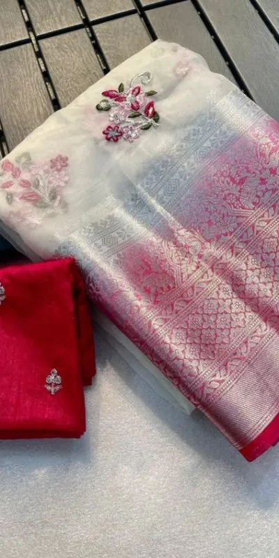 MS - 431 White Color Nylon Organza Jacquard Embroidered Saree Casual, Party Wear, Wedding, Events, Etc. Expected Delivery 4-6 Working Days 1599/- | Designer Sarees, Sarees, Bollywood Sarees, Creative Sarees, Embroidered Sarees, Ethnic Saree, Modern Digital sarees, Party Wear Sarees