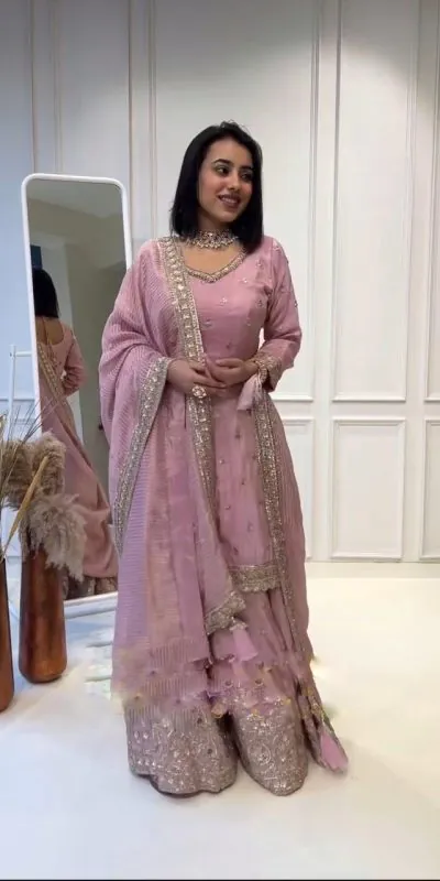 NSR 802 Pink Color Chinnon Silk Embroidery Sequence Work Sharara Suit Casual, Wedding, Party, Festive, Events Etc. Expected Delivery 4-6 Working Days 2099/- | Jump Suits, Salwar suit, Casual Suits, Creative suits, Designer Suits, Palazzo Suits, Party Wear Suits, Patiala Suits, Straight Suits