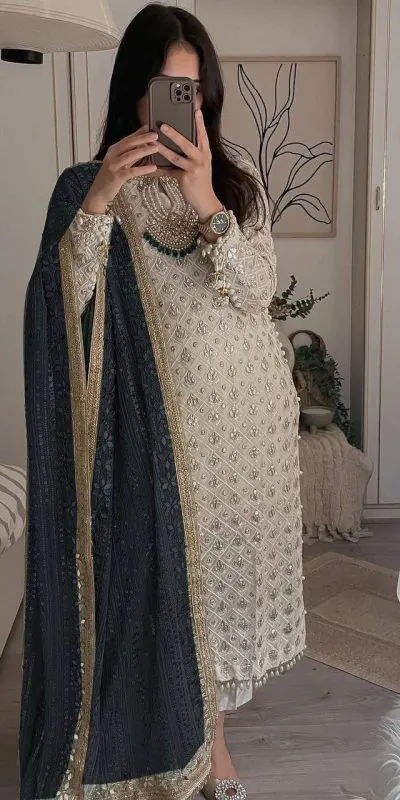 LG 1816 White Color Sequence Work Salwar Suit With Black Dupatta Casual, Wedding, Festive, Events Etc. Expected Delivery 4-6 Working Days @2349/- | Casual Suits, Salwar suit, Creative suits, Designer Suits, Party Wear Suits, Patiala Suits, Straight Suits