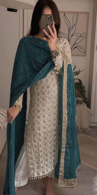 LG 1816 White Color Sequence Work Salwar Suit With Peacock Blue Dupatta Casual, Wedding, Festive, Events Etc. Expected Delivery 4-6 Working Days @2349/- | Salwar suit, Casual Suits, Creative suits, Designer Suits, Party Wear Suits, Patiala Suits, Straight Suits