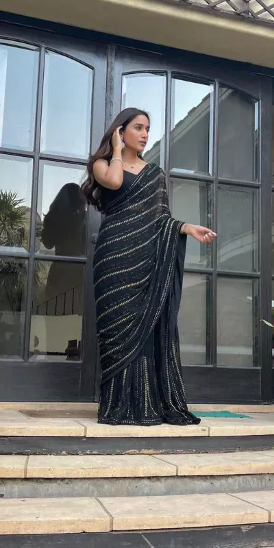 JR 595 Black Color Georgette Sequence Work With Peiping Saree Casual, Party Wear, Wedding, Events Etc. Expected Delivery 4-6 Working Days 1699/- | Sarees, Bollywood Sarees, Creative Sarees, Designer Sarees, Embroidered Sarees, Ethnic Saree, Modern Digital sarees, Party Wear Sarees