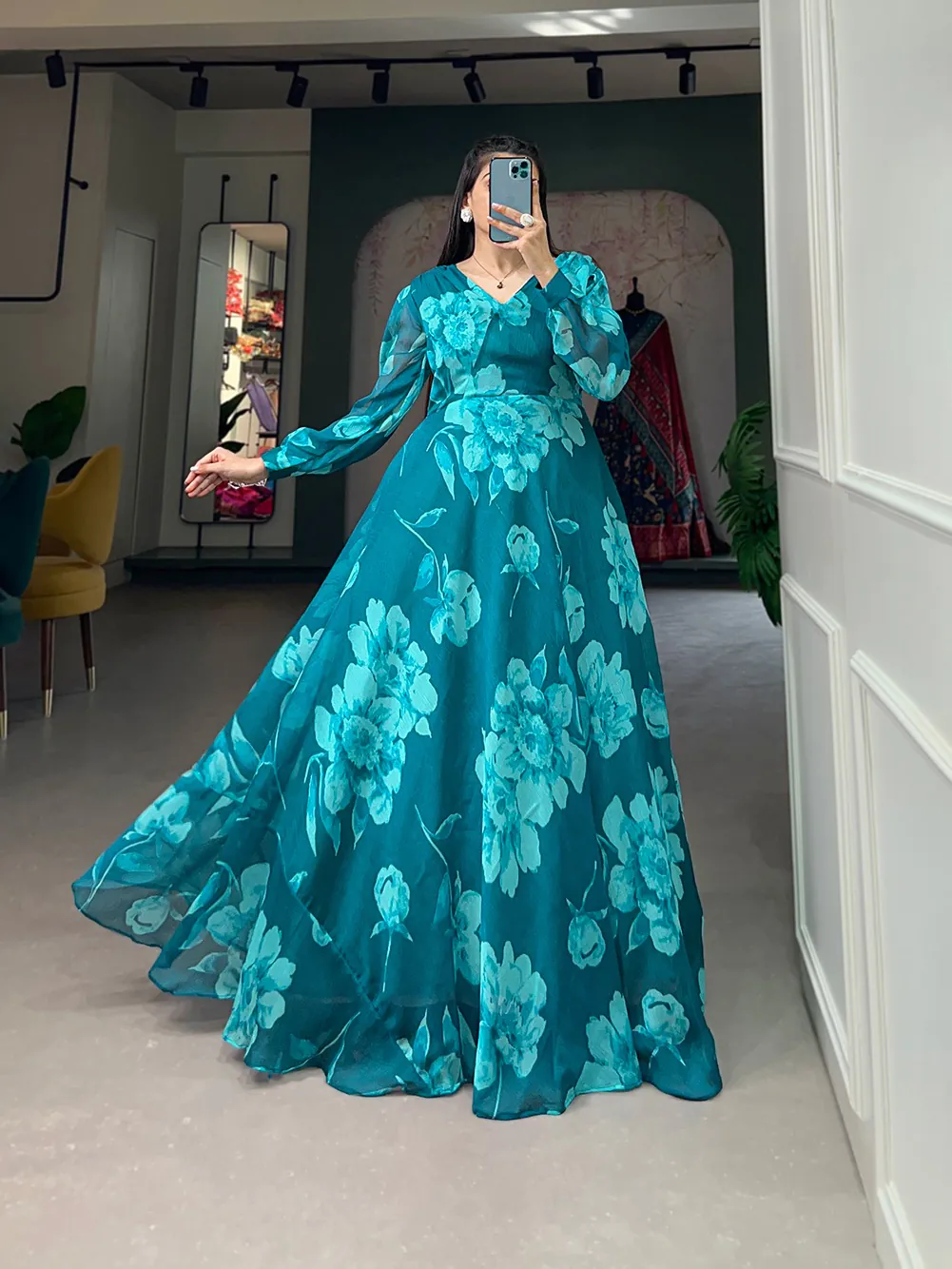 YNF 5011 Pine Green Color Chiffon Floral Printed Party Wear Gown Casual, Wedding, Party, Festive, Events Etc. Expected Delivery 4-6 Working Days @1499/- | Gowns, Bollywood Gowns, Creative Gowns, Designer Gowns, Embroidered Gowns, Party Wear Gowns