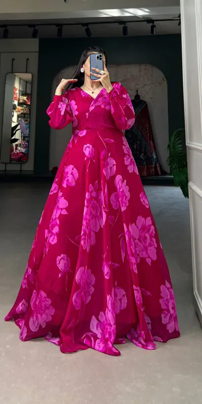 YNF 5011 Pink Color Chiffon Floral Printed Party Wear Gown Casual, Wedding, Party, Festive, Events Etc. Expected Delivery 4-6 Working Days @1499/- | Gowns, Bollywood Gowns, Creative Gowns, Designer Gowns, Embroidered Gowns, Party Wear Gowns