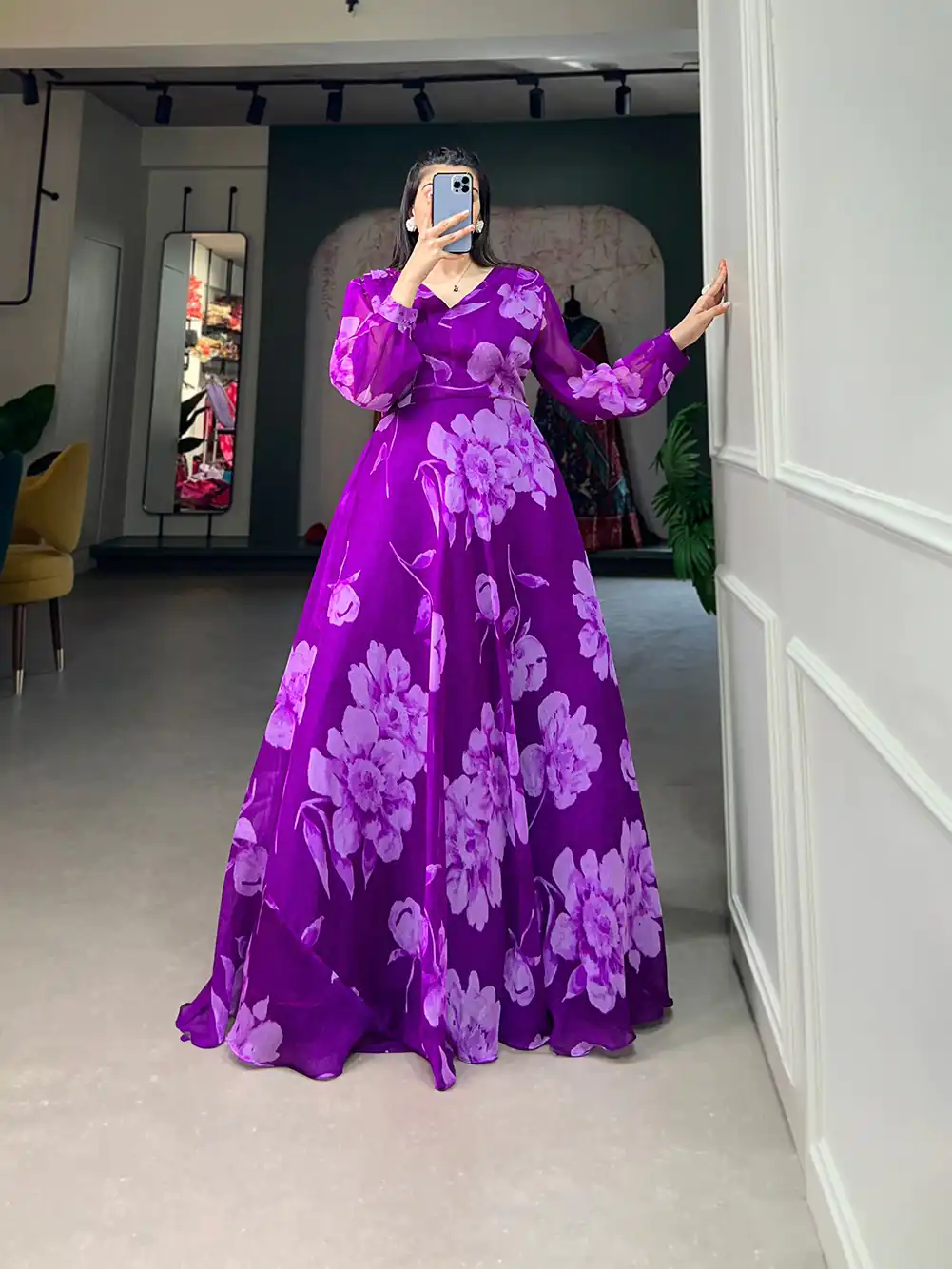 YNF 5011 Purple Color Chiffon Floral Printed Party Wear Gown Casual, Wedding, Party, Festive, Events Etc. Expected Delivery 4-6 Working Days @1499/- | Gowns, Bollywood Gowns, Creative Gowns, Designer Gowns, Embroidered Gowns, Party Wear Gowns