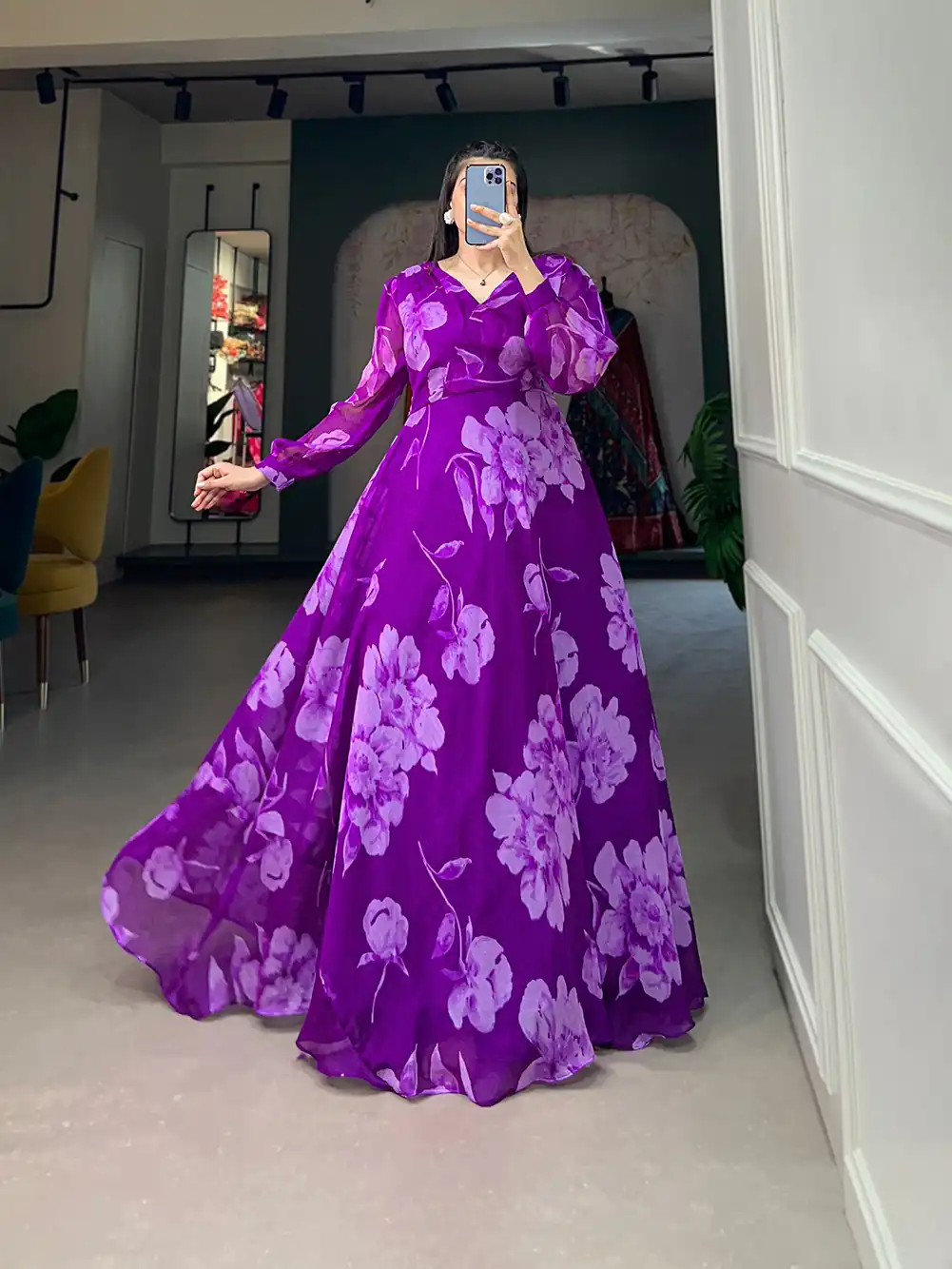 YNF 5011 Purple Color Chiffon Floral Printed Party Wear Gown Casual, Wedding, Party, Festive, Events Etc. Expected Delivery 4-6 Working Days @1499/- | Gowns, Bollywood Gowns, Creative Gowns, Designer Gowns, Embroidered Gowns, Party Wear Gowns