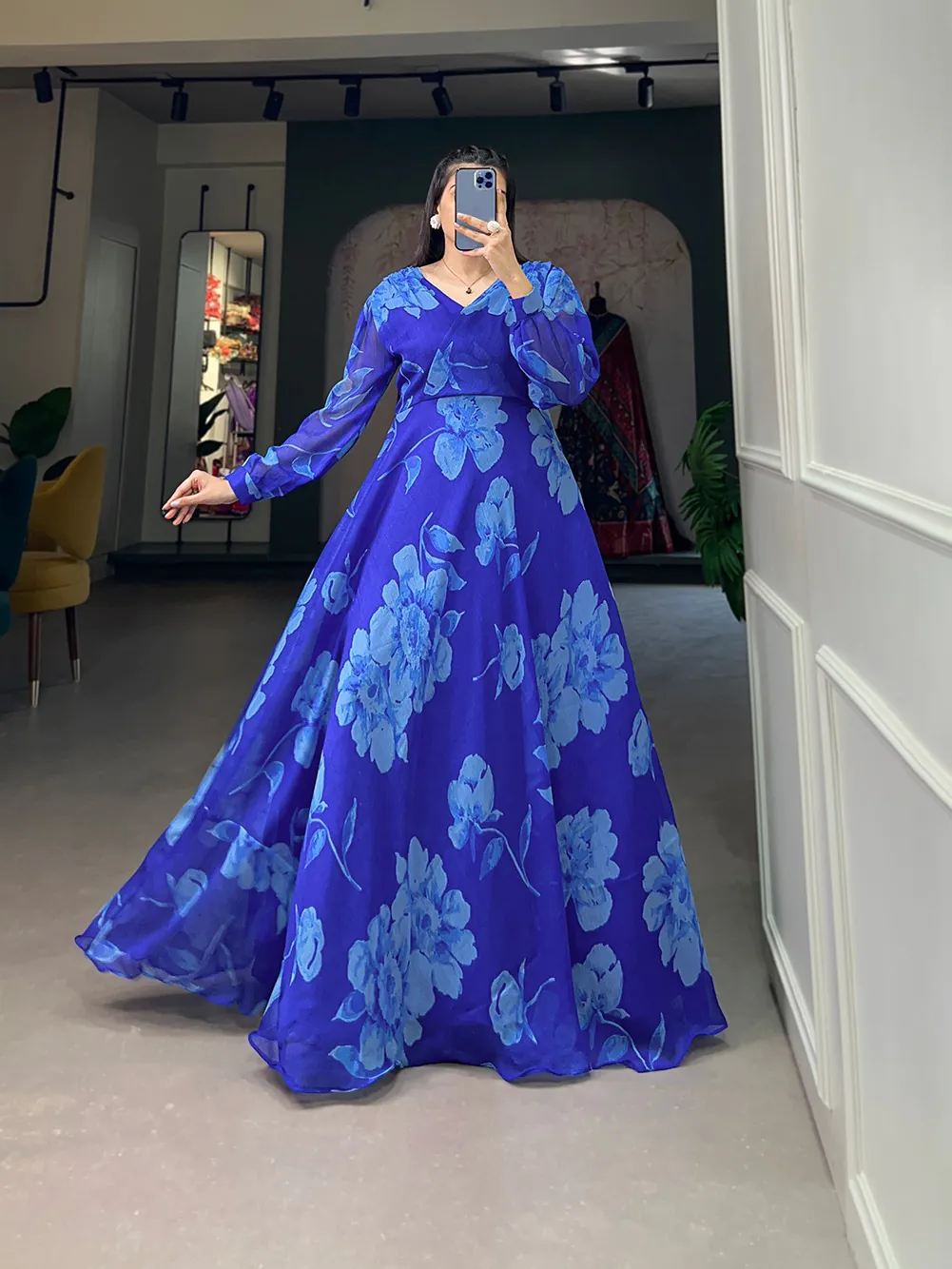 YNF 5011 Royal Blue Color Chiffon Floral Printed Party Wear Gown Casual, Wedding, Party, Festive, Events Etc. Expected Delivery 4-6 Working Days @1499/- | Gowns, Bollywood Gowns, Creative Gowns, Designer Gowns, Embroidered Gowns, Party Wear Gowns