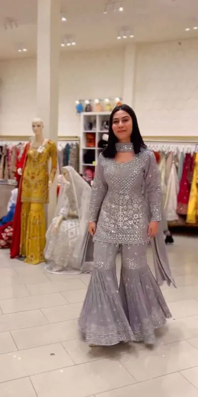 ZSR 3010 Grey Color Faux Georgette Embroidery Work Sharara Suit Casual, Wedding, Party, Festive, Events Etc. Expected Delivery 4-6 Working Days @2349/- | Jump Suits, Salwar suit, Casual Suits, Creative suits, Designer Suits, Palazzo Suits, Party Wear Suits, Patiala Suits, Straight Suits