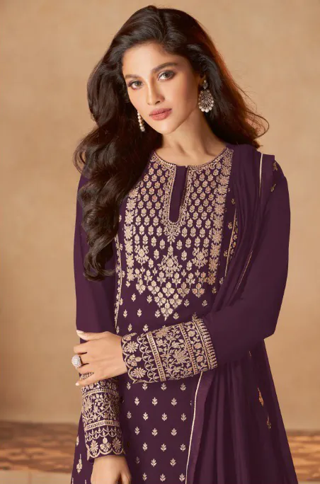 FC 128 Maroon Color Heavy Georgette Sequins Work Sharara Suit Blooming Georgette With Heavy Sequins Wedding, Party, Festive @2199/- | Jump Suits, Salwar suit, Casual Suits, Creative suits, Designer Suits, Palazzo Suits, Party Wear Suits, Patiala Suits, Straight Suits